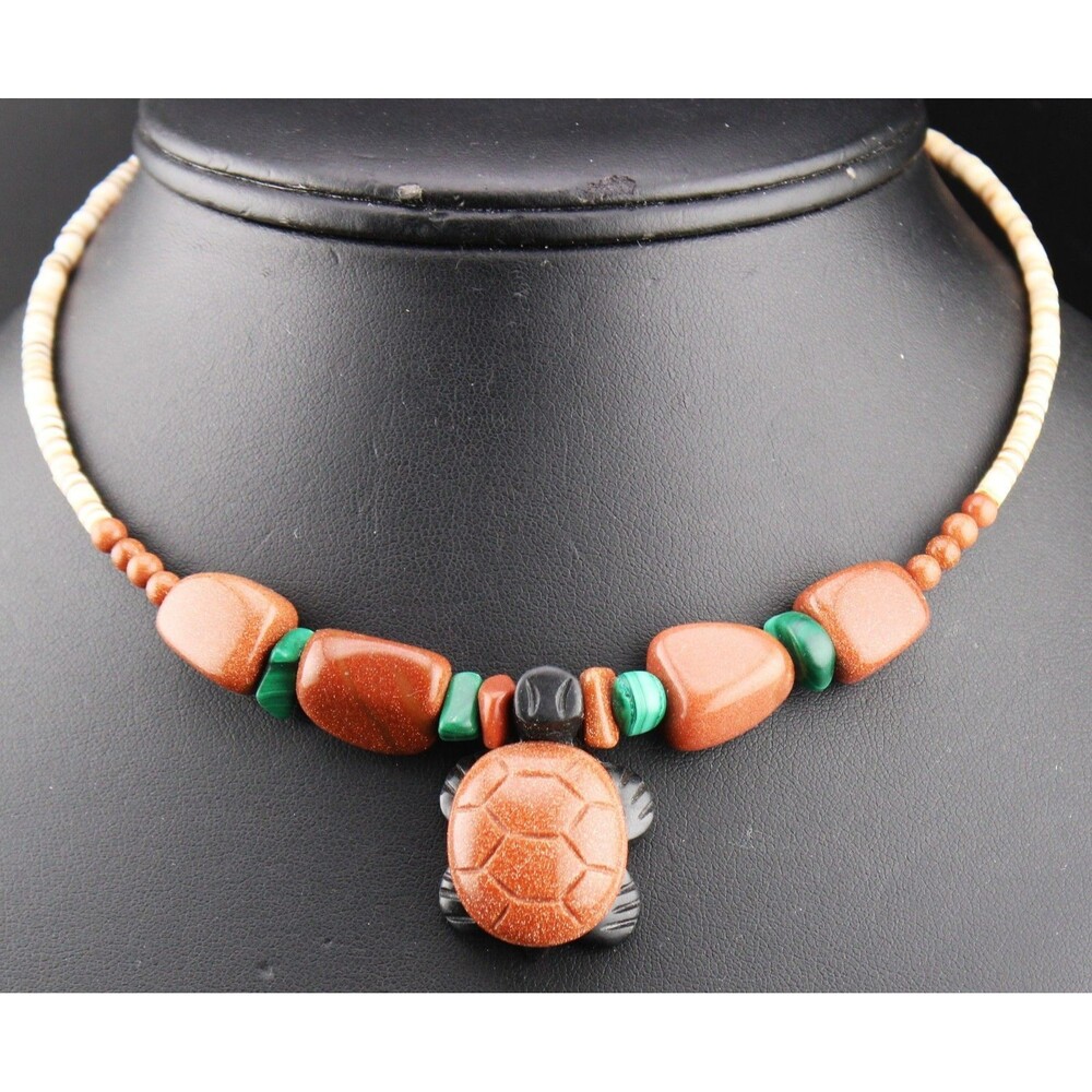 Vintage Heishi Beads Goldstone Turtle Pendant Collar Choker 18" Necklace